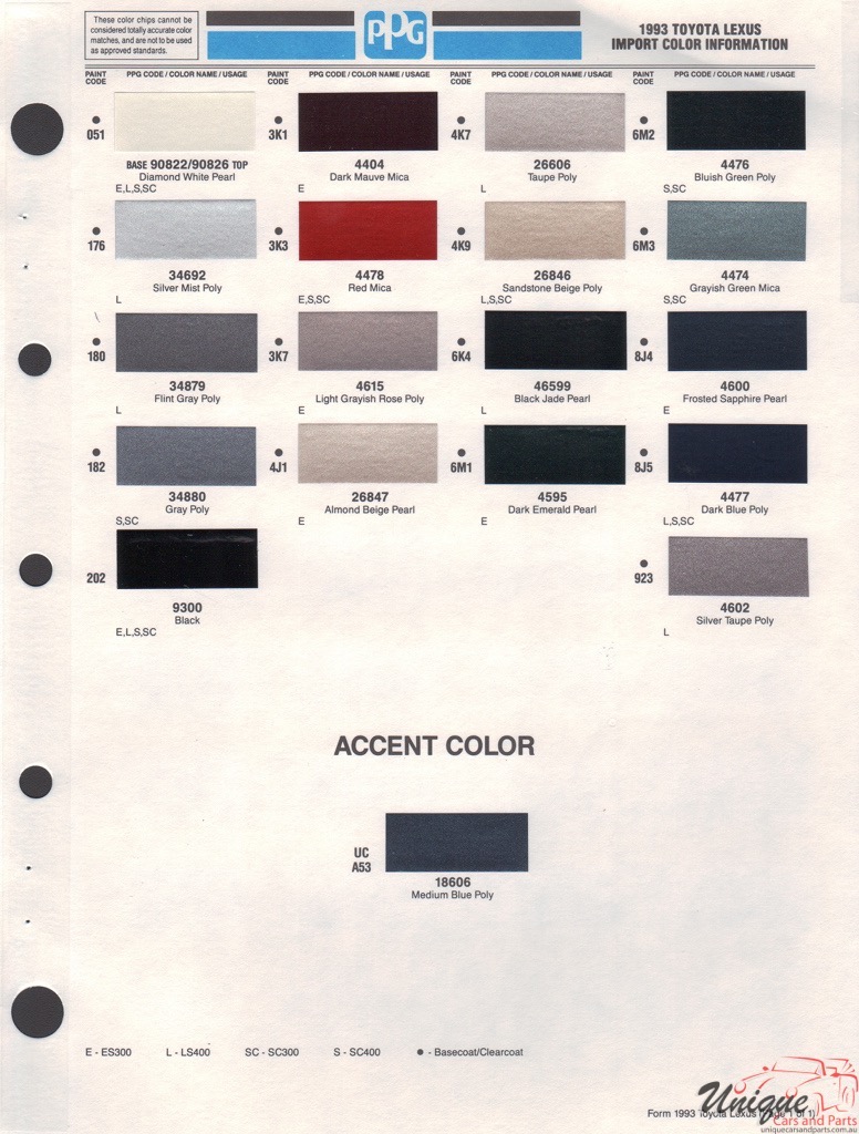 1993 Lexus Paint Charts PPG
